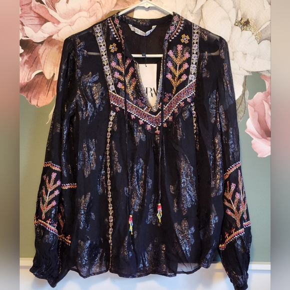 Zara Tops - Zara Embroidered Black Blouse